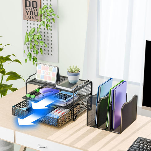 Simple Trending Mesh Desk File Organizer, Desktop Storage with Sliding Drawer, Double Tray, and 5 Upright Sections