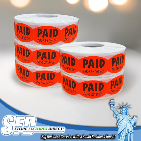 Paid Thank You Fluorescent Orange Self Adhesive Labels, Sold Retail Stickers, 1 Roll, 1000 Pack, .85" H x 1.2" W