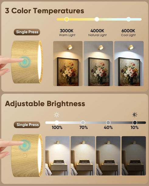 LINKEGO 2 3 Dimmable 360 2 Pack) LED Wall Mounted Lights Pcs with Remote, Rechargeable Wall Sconce with Color Temps