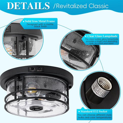 SAYTOP 2-Light Outdoor Ceiling Light with Motion Sensor Flush Mount Round Porch Light, Industrial Dusk to Dawn Ceiling