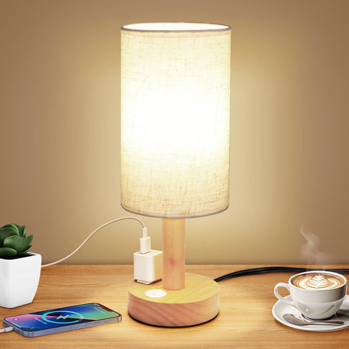 Small Bedside Table Lamp with AC Outlet, Natural Wood Base & Linen