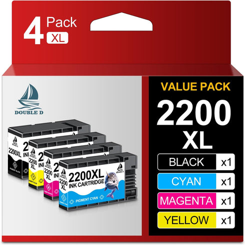 DOUBLE D PGI-2200XL Ink Cartridges Compatible Replacement for Canon PGI-2200, 4 Pack (1BK, 1C, 1M, 1Y)