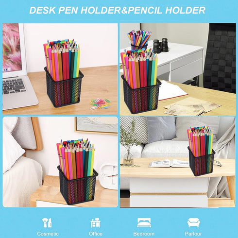 Metal Desk Pen Holder Cup, Square Black Pencil Holder for Office, 4 Pack Pen Organizer