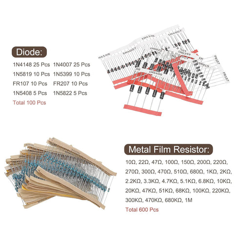 PATIKIL 1490Pcs Electronics Component Assortment Kit, Metal Film Resistors, LED Diodes, Common Diodes, Transistors