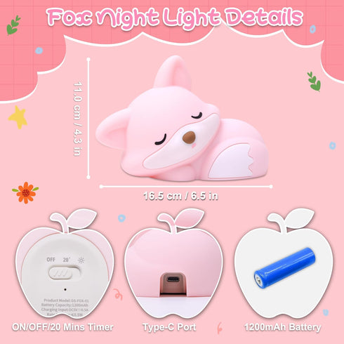 20 Dimmable Fox Lamp for Girls, Pink Silicone Squishy Fox Shaped, Mins Auto-Off Rechargeable Night Light, Fox Gifts