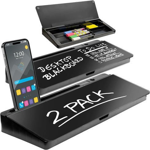 Desktop Whiteboard - Glass Dry Erase White Board, Desk Computer Buddy, 2 Pack with Phone & Tablet Slot, Black