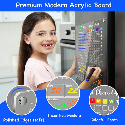 PigPotParty Magnetic Acrylic Chore Chart for Kids, 12" x 16", Responsibility Chore Chart for Fridge, Weekly Dry Erase