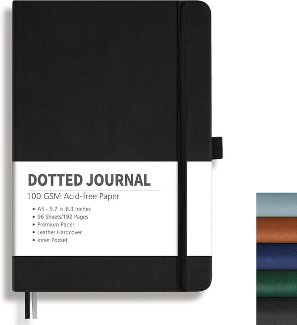 RETTACY Bullet Dotted Journal, A5 Dotted Grid Notebook with 192 Pages, Black