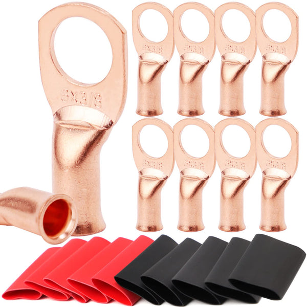 TKDMR 10pcs Heavy Duty 6 AWG-3/8 Battery Lugs, Ring Terminals, 0 Gauge Connectors with 10pcs 3:1 Heat Shrink Tubing