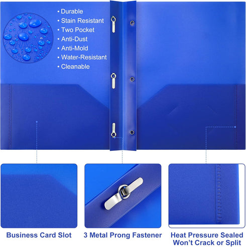 Patelai 48 Pcs Heavy Duty Plastic Folders with Pockets, 2 Pocket Folders with 3 Prongs and Fasteners, Blue for Office