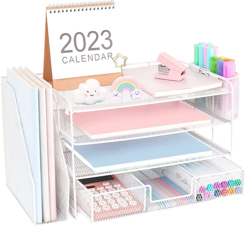 Desk Organizers and Accessories, 4 Tier Tray Letter Paper Organizer with Vertical File Holder for Office Supplies, White