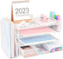 Desk Organizers and Accessories, 4 Tier Tray Letter Paper Organizer with Vertical File Holder for Office Supplies, White