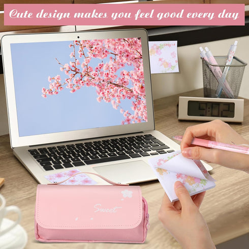 Crtiin 74 Pcs Kawaii Cherry Blossom Stationery Set, Mechanical Pencil, Cherry Erasers, Pencil Refill for School Office