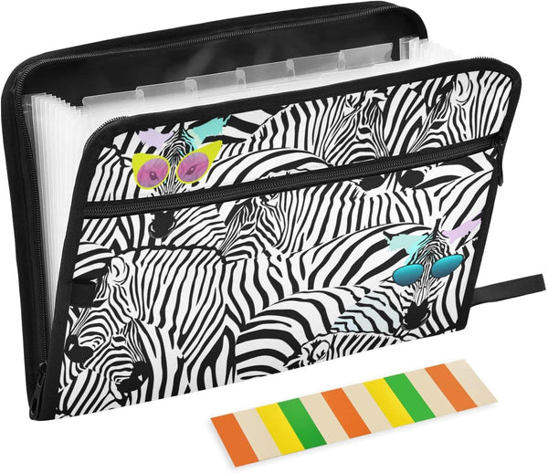 Funny Zebra Sunglasses Expanding File Folder, Black White Zebra Print, A4 Letter Size, Portable Document Organizer