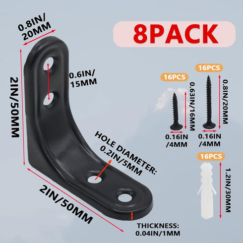 Joyangy 8pcs 2 Inch 90 L Brackets, Heavy Duty Wall Mount Black L Corner Brackets Braces for Wood, Shelves, Cabinets