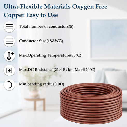 18AWG 18/5 5 25FT Thermostat Wire Solid Copper Conductor Low Voltage HVAC Cable for Thermostats, Alarm Systems