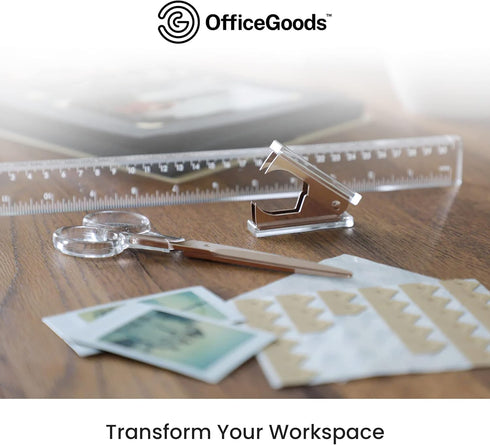 OfficeGoods 3 Piece Acrylic Desk Set - Ruler, Staple Remover, Scissors - Elegant Desk Accessories in Clear with Rose