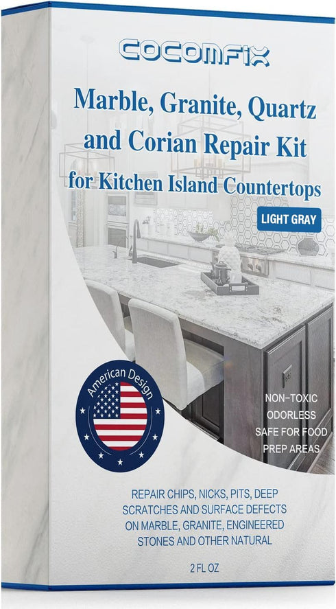 Quartz Countertop Chip Repair Kit (Light Gray) for Fixing Nicks, Chips, Scratches on Marble, Granite, Quartz, and More.
