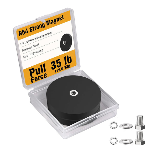 Heavy Duty Rubber Coated Magnets, 2pcs, 35 lbs Force, N54 Strength, M5