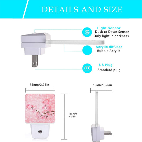 Oeaskly 0.5W Cherry Blossoms Night Light,Spring Flower Night Lights Plug into Wall with Dusk to Dawn Light Sensors Dim