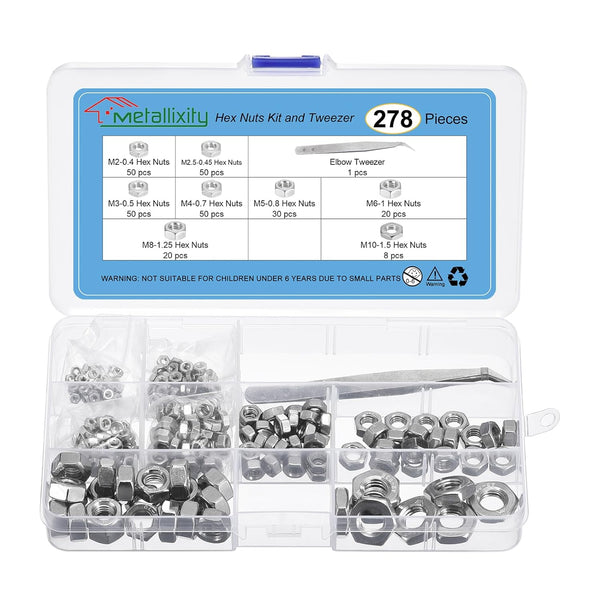 Hex Nuts Assortment Kit, 278Pcs (M2-0.4 to M10-1.5), 304 Stainless Steel Hardware with Tweezer