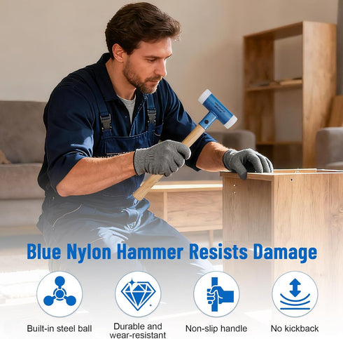 LAOJIEDAO Hammer Dead Blow Nylon with Walnut Handle, Non-Marring Dual-Face Mallet with Steel Shot Core for Tile