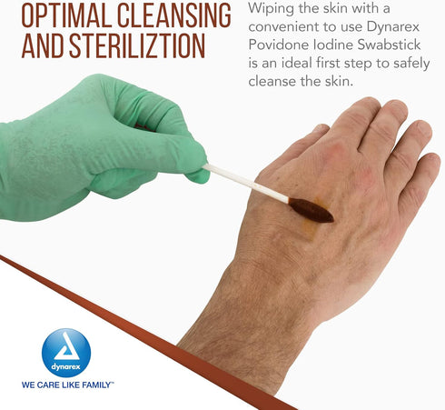 Dynarex Povidone Iodine Swabsticks, Antiseptic for Skin Preparation, Brown, 1 Box of 50 Swabsticks Packaged in