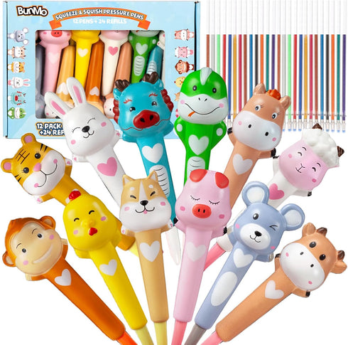 BUNMO Cute Kids Pens with Soft Grip, 12 Pack with Refills Included, Squishy Pens