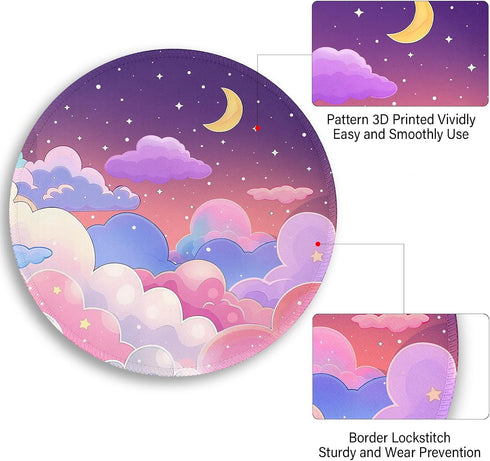 lebrocoli Kawaii Moon Cloud Star Sky Night Mouse Pad, Small Round Mouse Pads for Desk, Mini Travel Mousepad