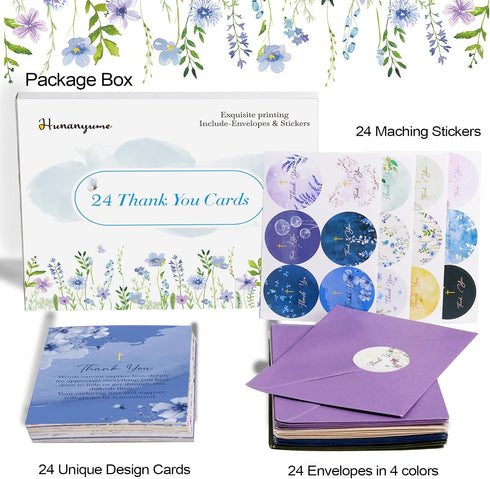 Hunanyume 24 Pack 4x6 Inch Unique Funeral Thank You Cards with Envelopes & Stickers - Watercolor Floral Butterflies