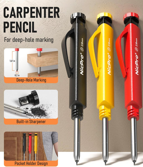 Nicpro 3 Pack Carpenter Pencil Set with Sharpener & Finger Grip, Mechanical Woodworking Pencils with 39 Refills (Red, Black, Yellow), Deep Hole Marker Heavy Duty Construction Pencils - With Case by Nicpro
