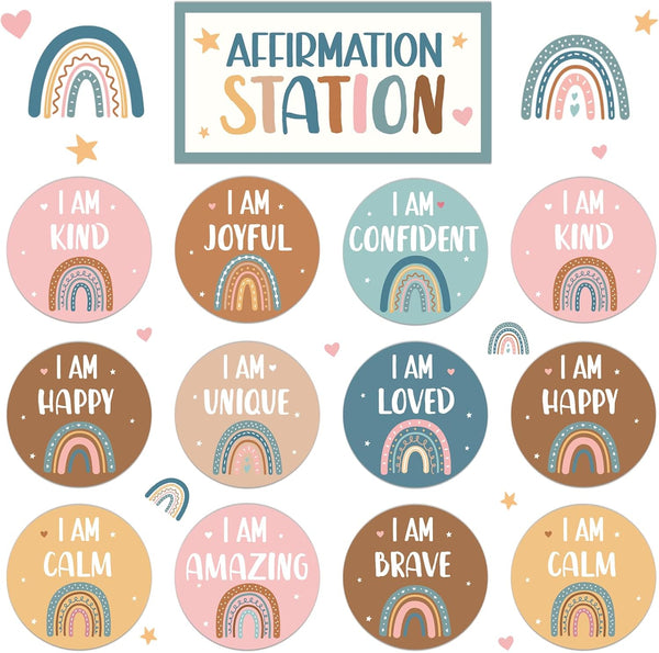 BOHO Affirmation Station Bulletin Board Set with Rainbow Positive Cutouts for Classroom, Inspirational Growth Mindset