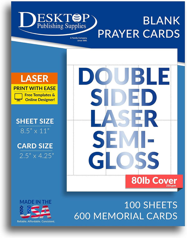 Printable Blank Memorial Cards for Funeral (Double Sided Semi-Gloss Finish) - 600