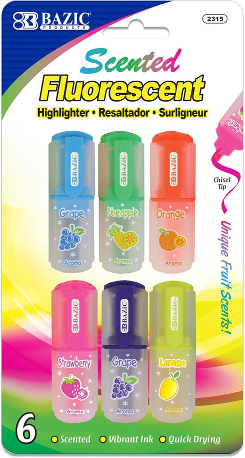 BAZIC Fruit Scented Highlighters, Mini Highlighters, Assorted Color, Chisel Broad Line Fine Point, 6/Pack