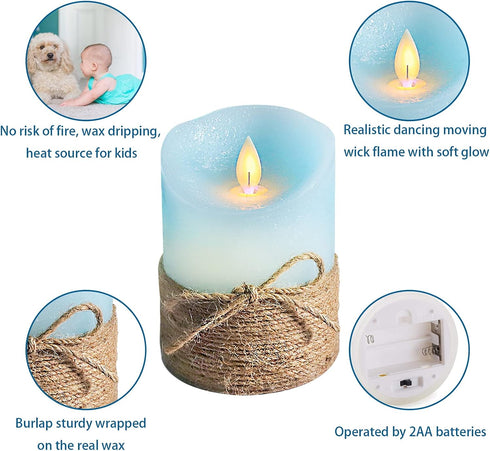 Set 3 Ocean Blue Flameless Candles, Nautical Themed Led Pillar Candles with Remote & Timer, Decorative Flickering