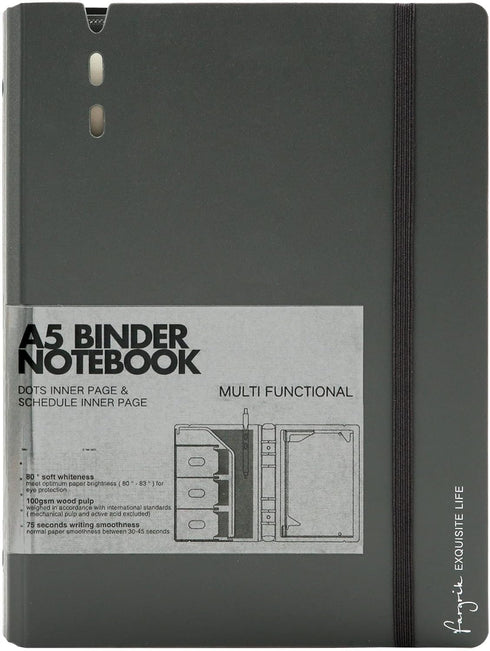 CAGIE A5 6 Ring Binder Notebook with Dividers, Refillable Planner with Pockets, Dark Grey, 7 x 9.25 Inch