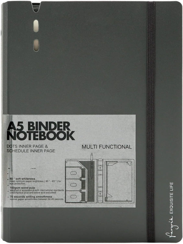 CAGIE A5 6 Ring Binder Notebook with Dividers, Refillable Planner with Pockets, Dark Grey, 7 x 9.25 Inch