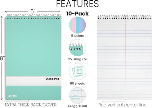 Better Office Products Spiral Steno Pads, 10 Pack, 6 x 9 inches, 80 Sheets, White Paper, Gregg Rule, Assorted Pastel Color Covers, 10 Steno Notebooks by Better Office Products