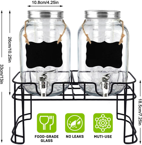 2 Pack 1 Gallon Drink Dispenser with Stainless Steel Spigot, Sun Tea Glass Mason Jar for Outside, Iced Lemonade