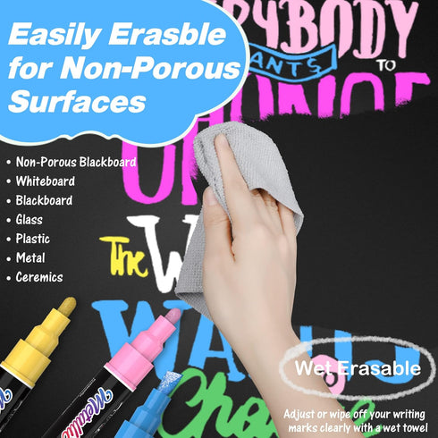 Liquid Chalk Markers Pens, 10 Metallic Colors Washable & Wet Erase for Blackboard, Glass Window, Graduation Celebration