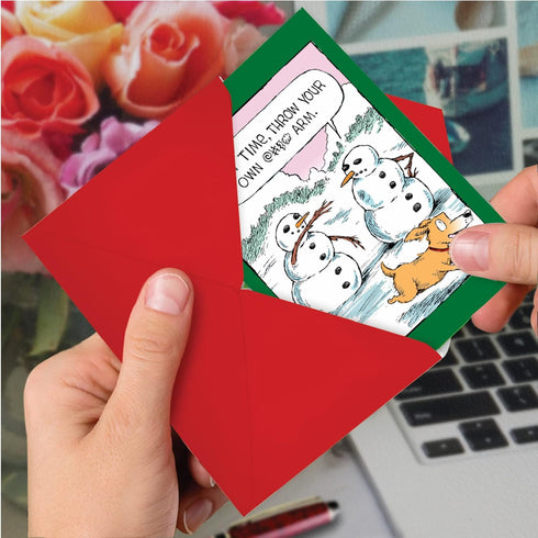 NobleWorks Merry Christmas Greeting Card with Envelope - 4.63 x 6.75 Inch, Colorful Cartoons, Snowman Arm C4336XSG