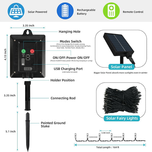 164Ft 500 8 Tcamp LED Solar Christmas Lights Outdoor Waterproof with Remote Timer, Modes Solar Powered Fairy String