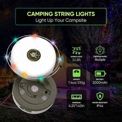 32.8FT 8 Camping String Lights, Quick Storage Rechargeable Tent Lighting String with Lighting Modes, Waterprof Portable