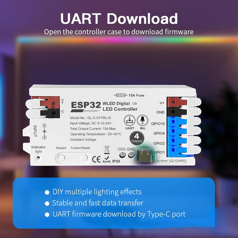 4 15A Yunseity Digital LED Strip Controller, Channel Output with Built in Mic and for RGB RGBW LED Strips, Support WiFi