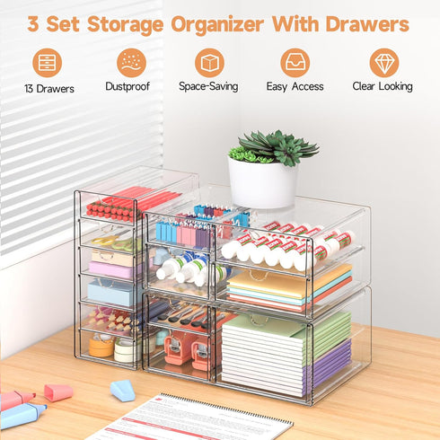 Makeup Drawer Storage Organizer with 13 Drawers, 3 Set Acrylic Office Desk Organization for Makeup, Jewelry, Bathroom