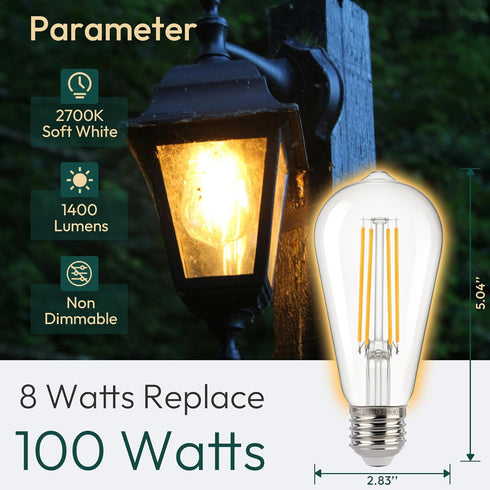 ST19 Bulb, 1400LM Bulbs, 8W (100W 2700K Bulb 4 Pack, Non-Dimmable ALAMPEVER Dusk to Dawn LED Outdoor Light Sunlight