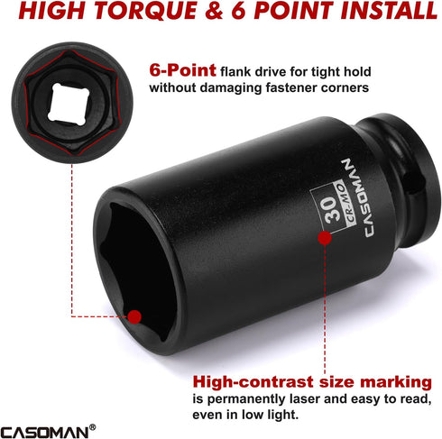 14PCS 1/2" Set, 6-Point, 10mm 32mm, CASOMAN Drive Deep Impact Socket Metric, CR-MO, to for Auto Repair, Mechanic