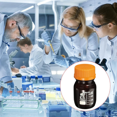 PATIKIL 100mL Reagent Media Bottle, 1Pcs Round 3.3 Borosilicate Glass Storage Bottle with Yellow Screw Cap, Amber