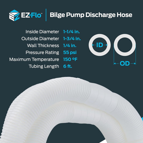 EZ-Flo PVC Bilge Pump Discharge Hose, 1-1/4 Inch ID x 6 Feet, White, Model 98587