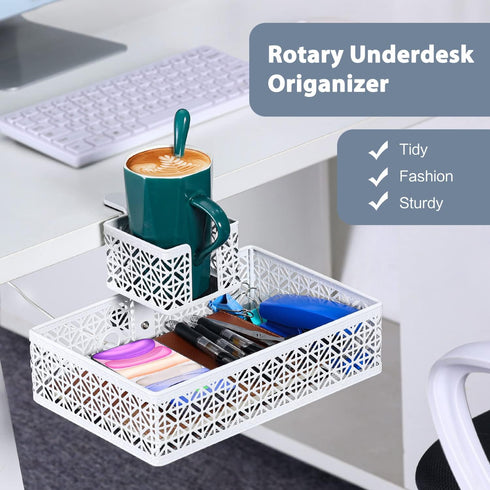Under Desk Drawer Organizer, Clip-on Cup Holder, Rotated Storage Drawers for Desk Organizer, White